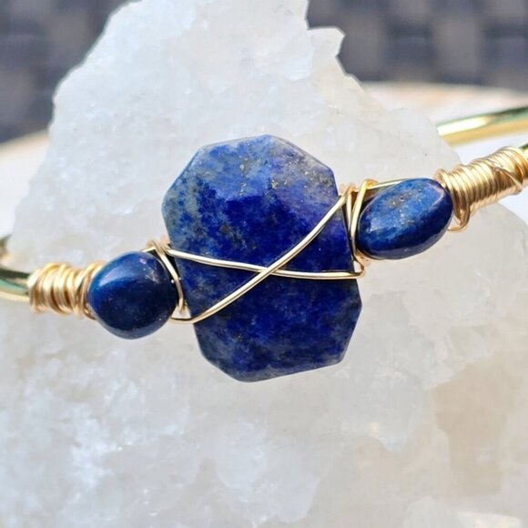 Lapis Lazuli ✦ Wire Wrap Cuff ✦ Triple-Stone Gold Over Copper w/ Wisdom Talisman - Picture 10 of 10